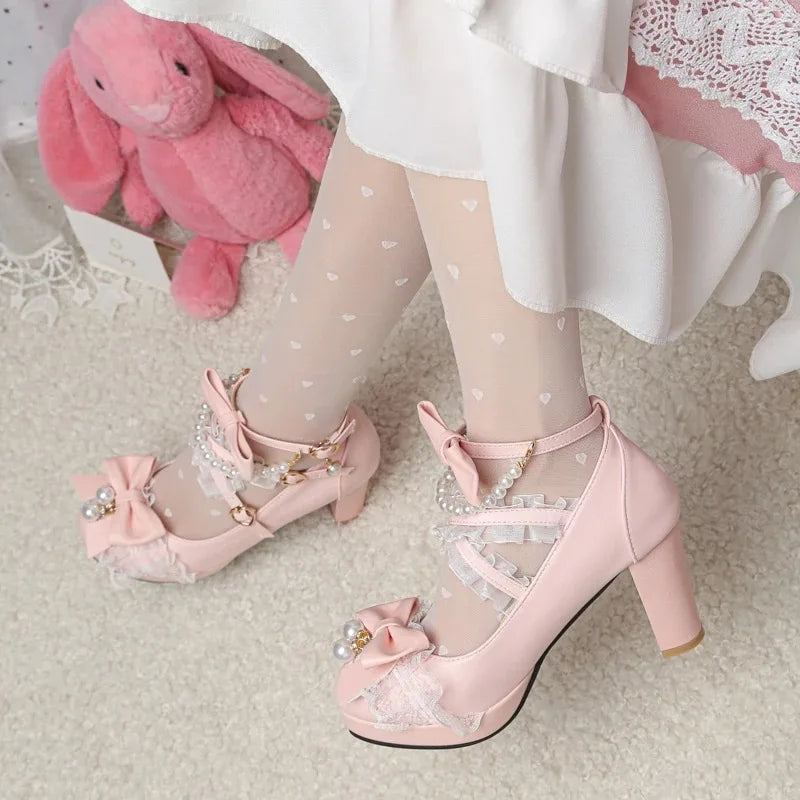 Women’s Cross Strap Mary Jane High Heels – Party, Wedding, Cosplay Lolita Pumps in White, Pink, Black, Strawberry Bow 2025