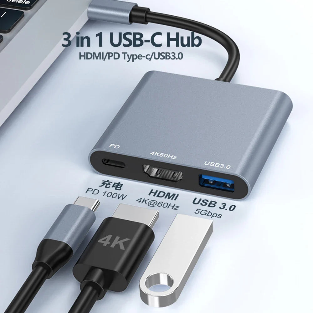 Tebe 3-in-1 USB-C Hub Adapter – 4K 60Hz HDMI, USB 3.0 & 100W PD Fast Charging for MacBook, iPad, Dell & Nintendo Switch