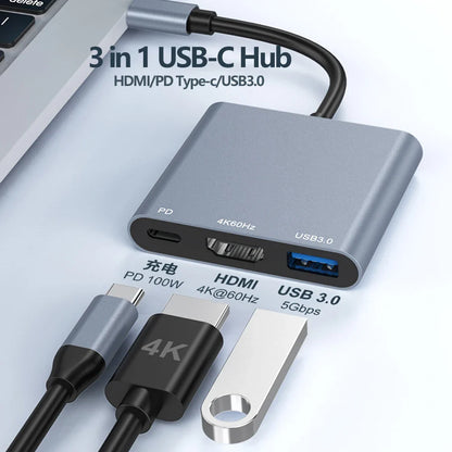 Tebe 3-in-1 USB-C Hub Adapter – 4K 60Hz HDMI, USB 3.0 & 100W PD Fast Charging for MacBook, iPad, Dell & Nintendo Switch