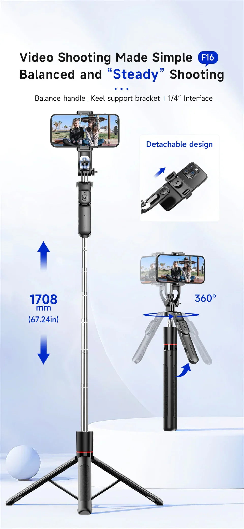 MEUYAG Selfie Stick Tripod – 1708mm Monopod with Fill Light, Bluetooth Remote, 360° Rotation & 1/4” Interface for Mobile Phones