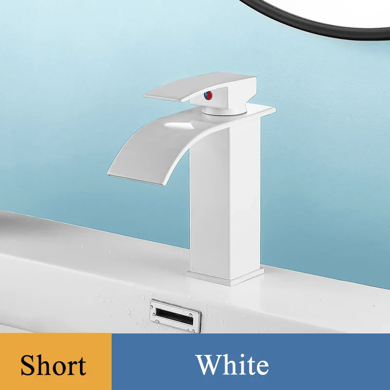 Bathroom Basin Sink Faucet - Deck Mount Waterfall Spout Tap with Single Handle, Hot & Cold Water Mixer for Vanity Washbasin