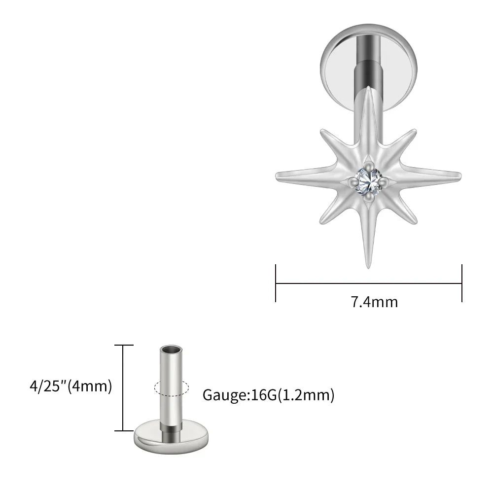 Right Grand ASTM F136 Titanium CZ North Star 16G Flat Back Earring – Tiny Starburst Helix, Cartilage & Earlobe Stud Piercing Jewelry
