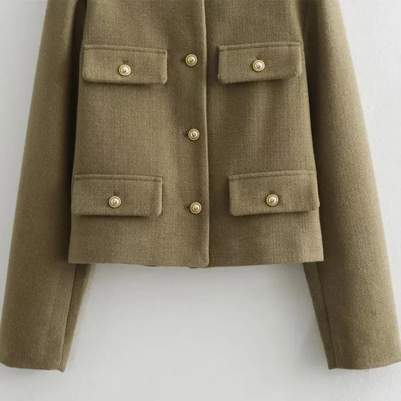 TRAF Women's Autumn Outerwear – Long Sleeve Cropped Jacket, Winter Button Demi-Season Short Coat, Elegant Women’s Coat