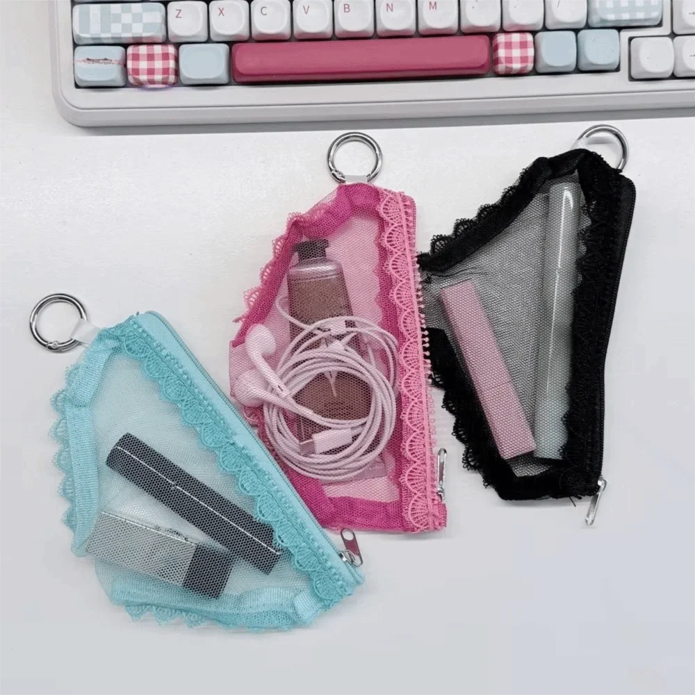 Fashion Mesh Cosmetic Bag - Clear Lace Trim Makeup Pouch with Zipper for Jewelry, Headphones & Accessories