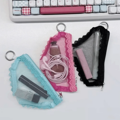 Fashion Mesh Cosmetic Bag - Clear Lace Trim Makeup Pouch with Zipper for Jewelry, Headphones & Accessories