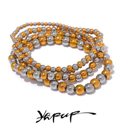 Yhpup Stainless Steel Beaded Elastic Bracelet – Waterproof Gold Tone Handmade Bangle, 3–6mm Unisex Daily Jewelry Wholesale Wristwear