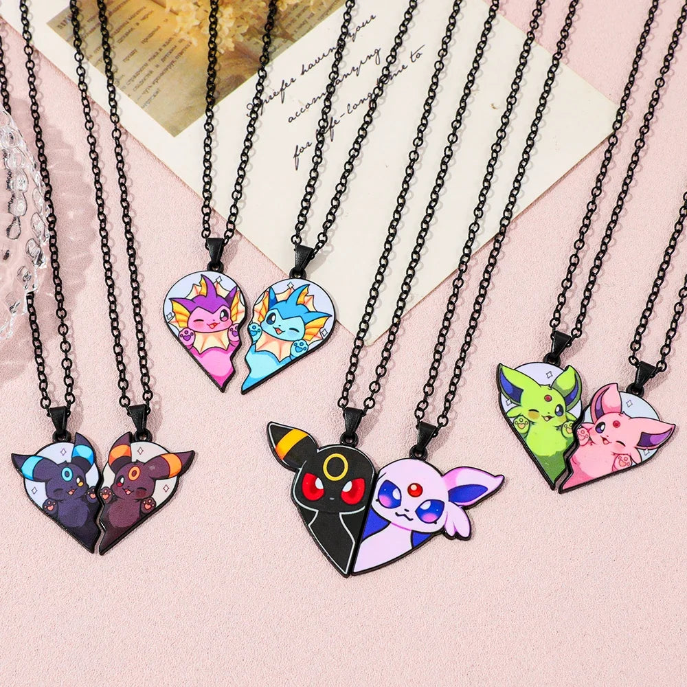 Eevee Pendant Necklace - 2-Piece Cute Cartoon Heart Patchwork Anime-Style Metal Jewelry Set