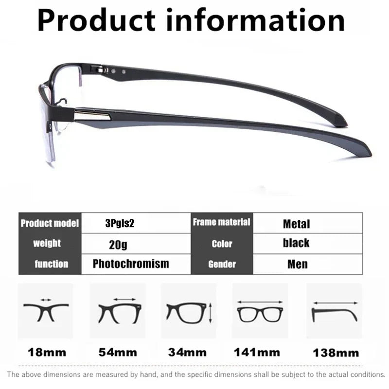 Progressive Multifocal Photochromic Reading Glasses – Anti-Blue Light Half Frame for Men with Presbyopia & Far Sight Protection
