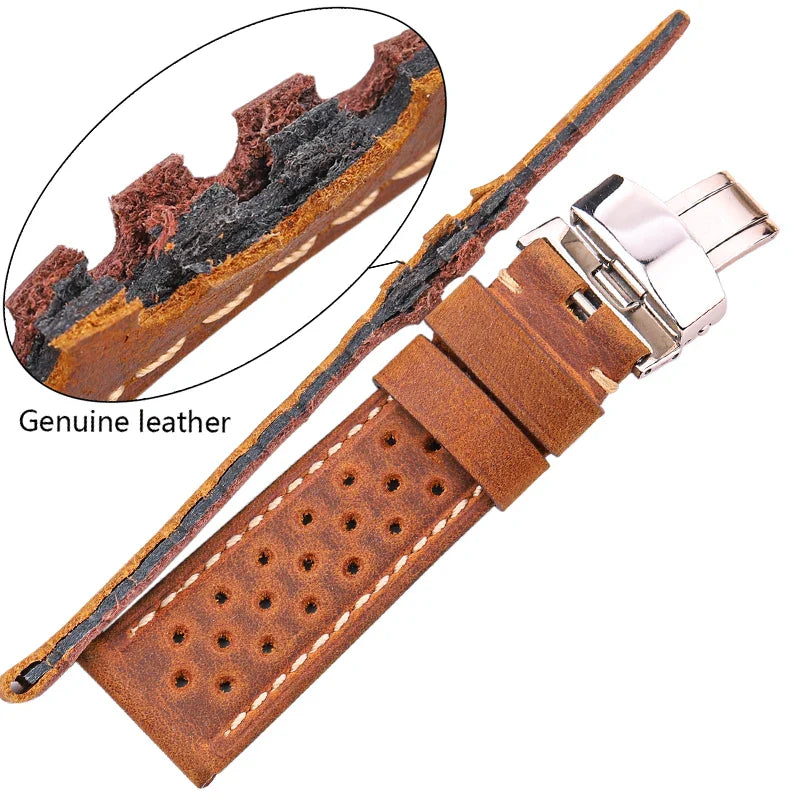 Genuine Leather Watch Band 20mm 22mm 24mm — Vintage Cowhide Strap with Deployment Clasp for Samsung Galaxy Watch 3/4