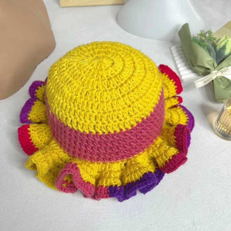 Handmade Crochet Conical Bucket Hat – Ruffled Brim Fisherman Hat for Women, Stylish Sun Protection Cap