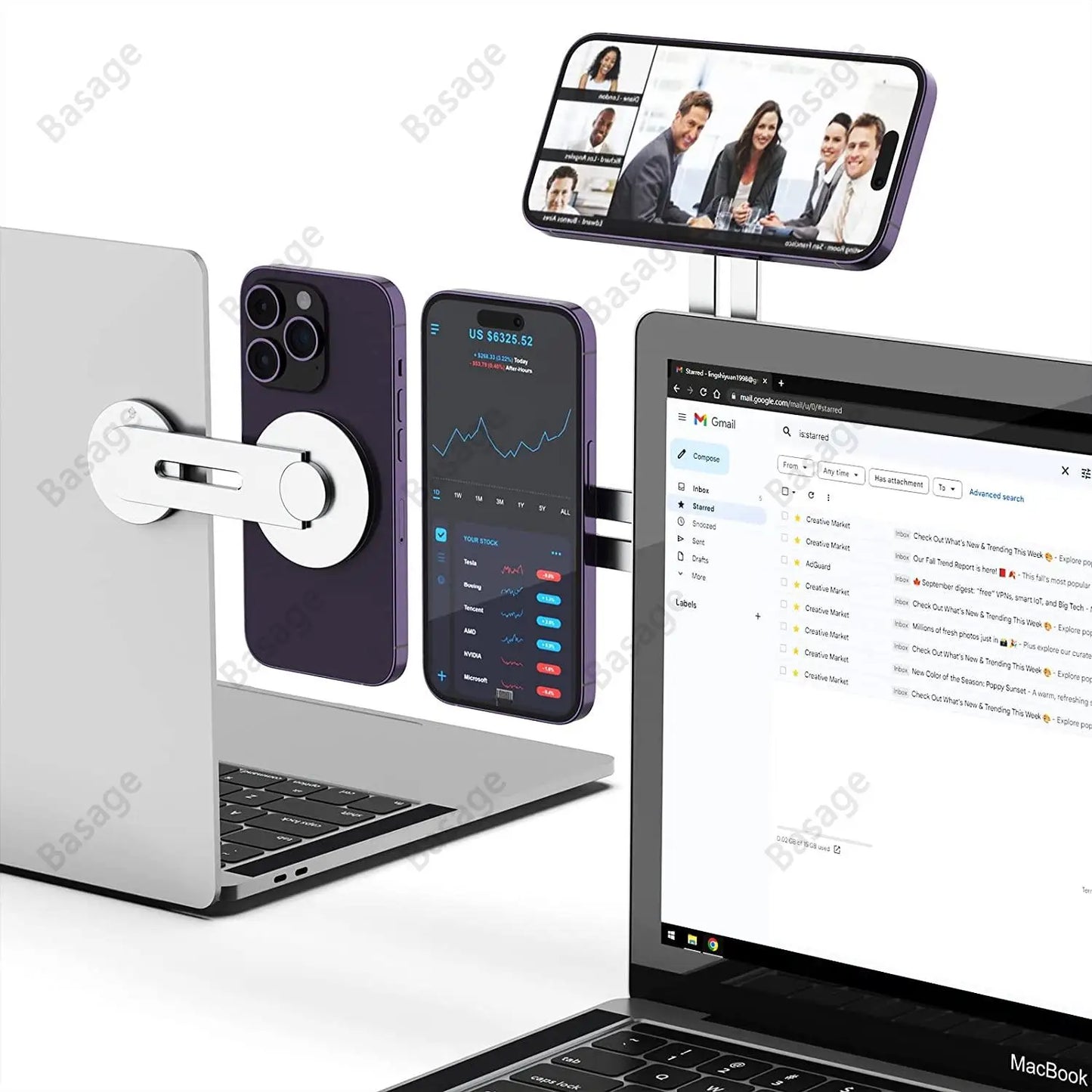 Slim Magnetic Phone Holder: Continuity Flip iPhone Laptop Mount for Laptops and Monitors - Adjustable Magnetic Arm, Swivels 180°
