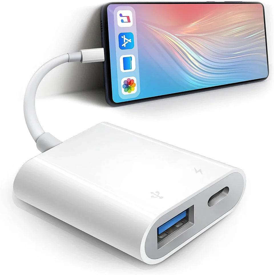 OTG Adapter Lightning to USB 3.0 – Fast Charge & Data Converter Cable for iPhone 14/13/12/11/X/XS/XR/8, USB-C Splitter Compatible
