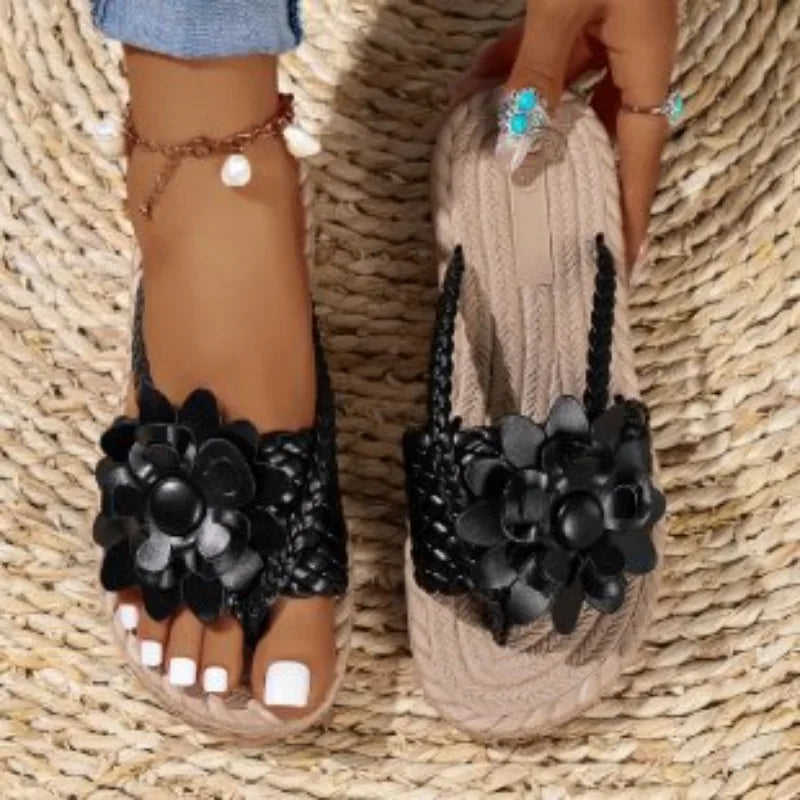 Women's Braided Floral Flip Flops - Flat Open-Toe Vacation Sandals