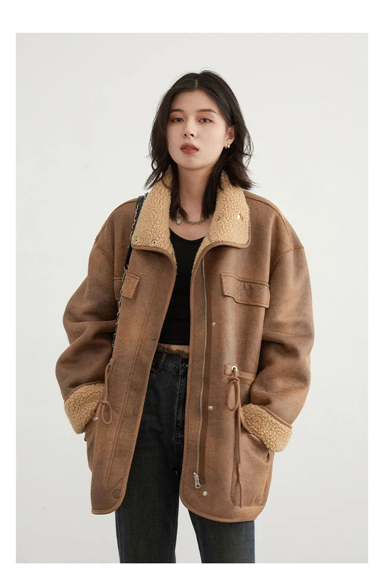 CHIC VEN Women's Reversible Jacket – Thick Suede, Motorcycle Style, Loose Fit Winter & Autumn Outerwear 2023