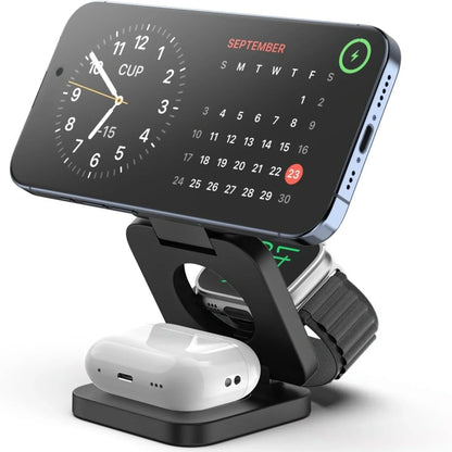 Fast 3-in-1 Magnetic Wireless Charger – Foldable Charging Stand for iPhone 16-12, Apple Watch Series 10-3 & AirPods Pro/3/2