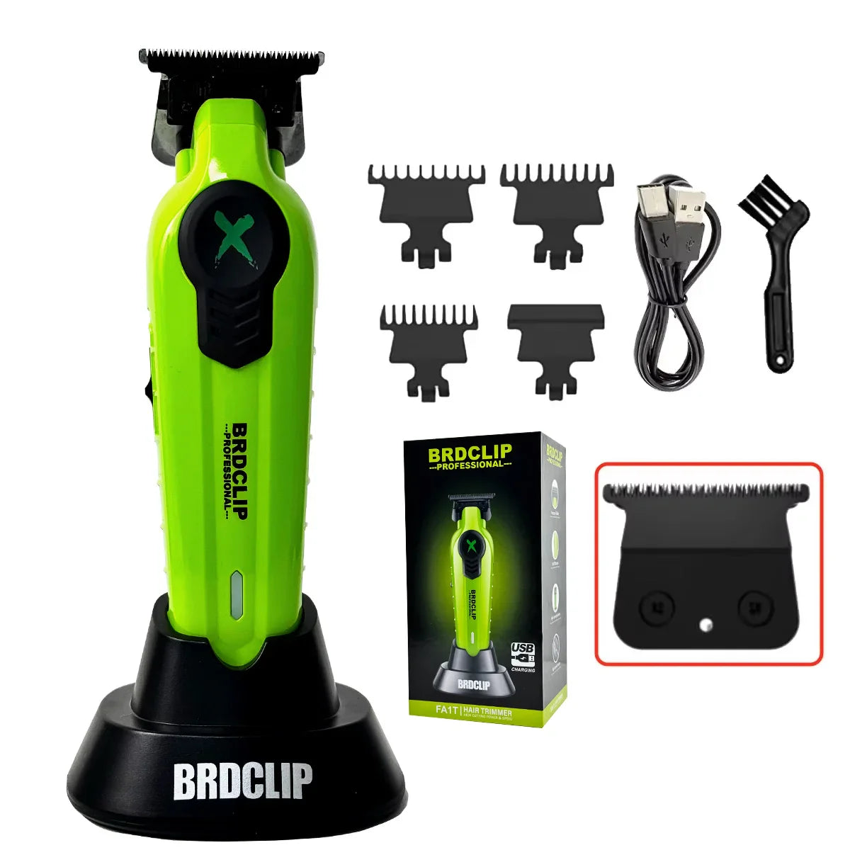 2025 BRDCLIP FA1T Green Professional Hair Trimmer — Barber Carving Electric Clipper with Gradient Finish & Charger Stand