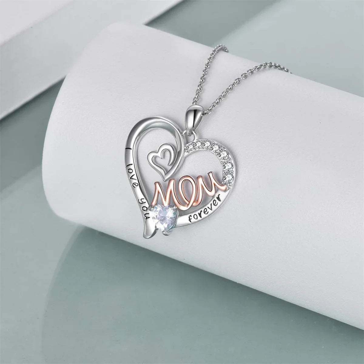 Love Heart Mom Pendant Necklace - Elegant White K-Plated Jewelry Gift for Mother’s Day & Special Moments