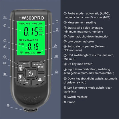 Digital Metal Coating Thickness Tester - HW-300 Electroplate Gauge for Car Paint, 0-2000um Range with Fe and NFe Probe
