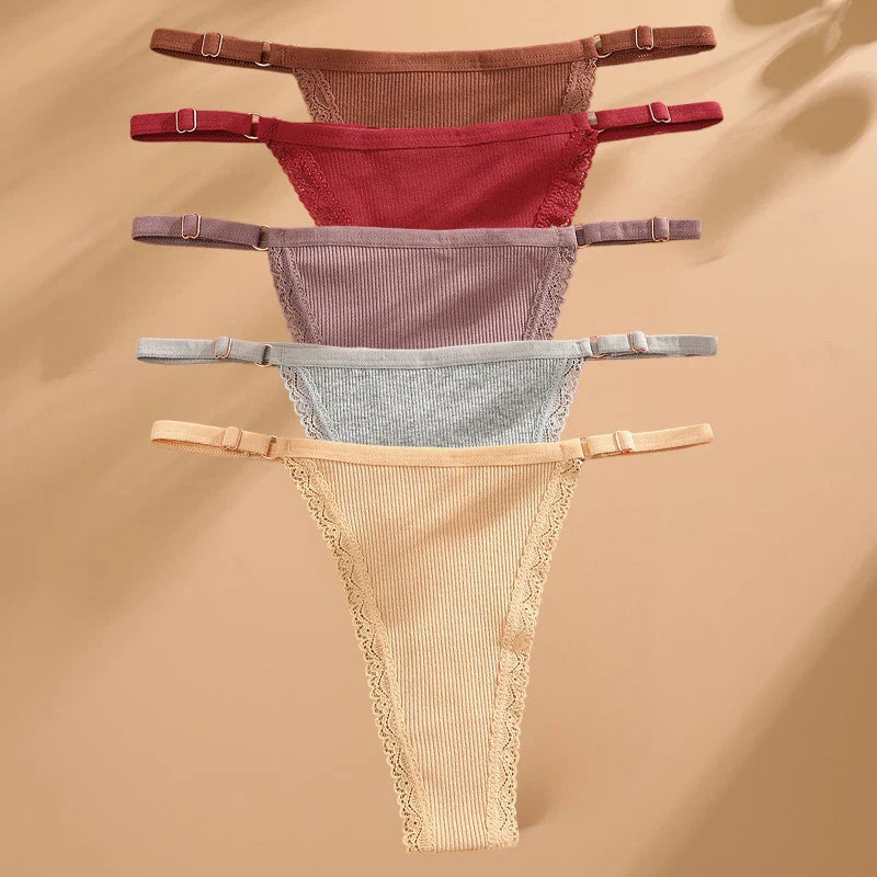 5PCS Cotton G-String Panties Set — Sexy Women’s T-Back Underwear, Adjustable Waist Thong Lingerie Briefs