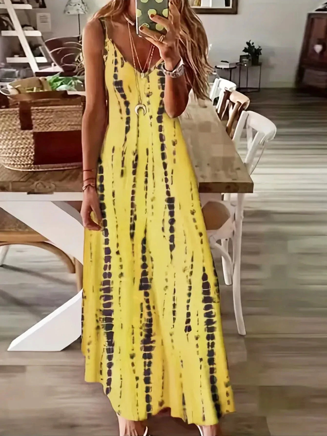 Women’s Casual Tie-Dye Maxi Dress – Loose V-Neck Spaghetti Strap Summer Beach & Vacation Long Dress