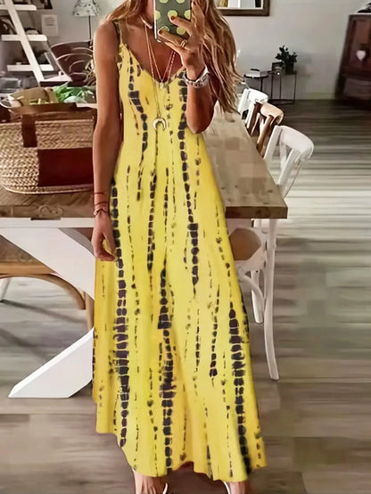 Women’s Casual Tie-Dye Maxi Dress – Loose V-Neck Spaghetti Strap Summer Beach & Vacation Long Dress
