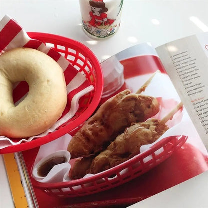 Fries Burger Serving Baskets - Colorful Oval Plastic Food Trays for Fast Food, Hot Dogs, Snacks & Reusable Restaurant Service
