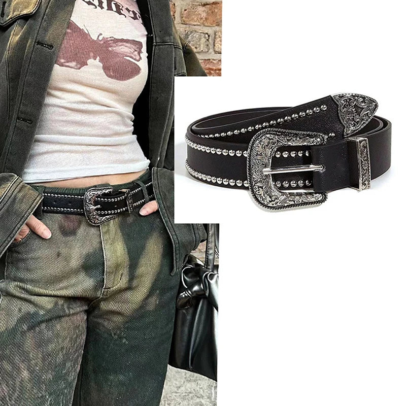 Punk Girl Bullet Rivet Belt — Goth-Inspired Leather Waistband, Fashionable Statement Accessory
