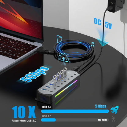 10-in-1 USB 3.0 Powered Hub — RGB E-Marker with Individual Switches & Heat Dissipation, DC 5V Adapter