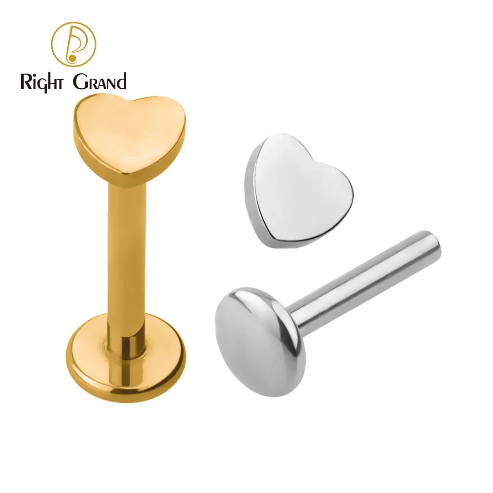 5pcs ASTM F136 Titanium Heart & Round Labret Piercing Set – Flat Monroe Lip Rings for Cartilage, Helix & Tragus Piercings