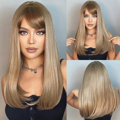 ALAN EATON Blonde Layered Synthetic Wig with Bangs – Long Straight Heat-Resistant Wig for Women & Girls, Natural Daily Hair