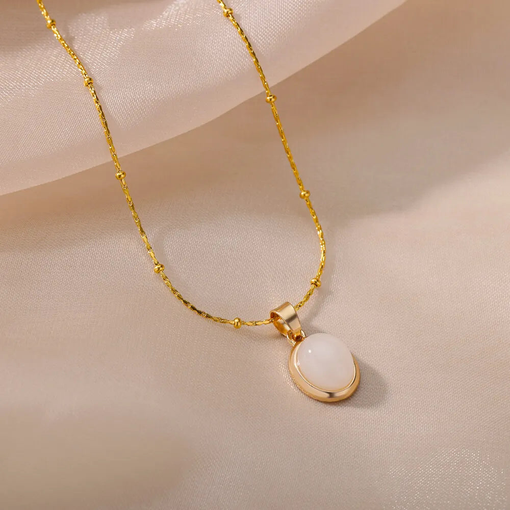 Fashion Opal Oval Necklace for Women – Gold Stainless Steel Pendant, Aesthetic Wedding Jewelry Gift