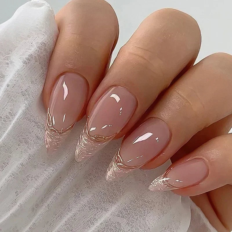24Pcs French Press On Nails - Almond Fake Nail Tips with Glue, White Edge Design & Pink Stiletto Style Manicure Set