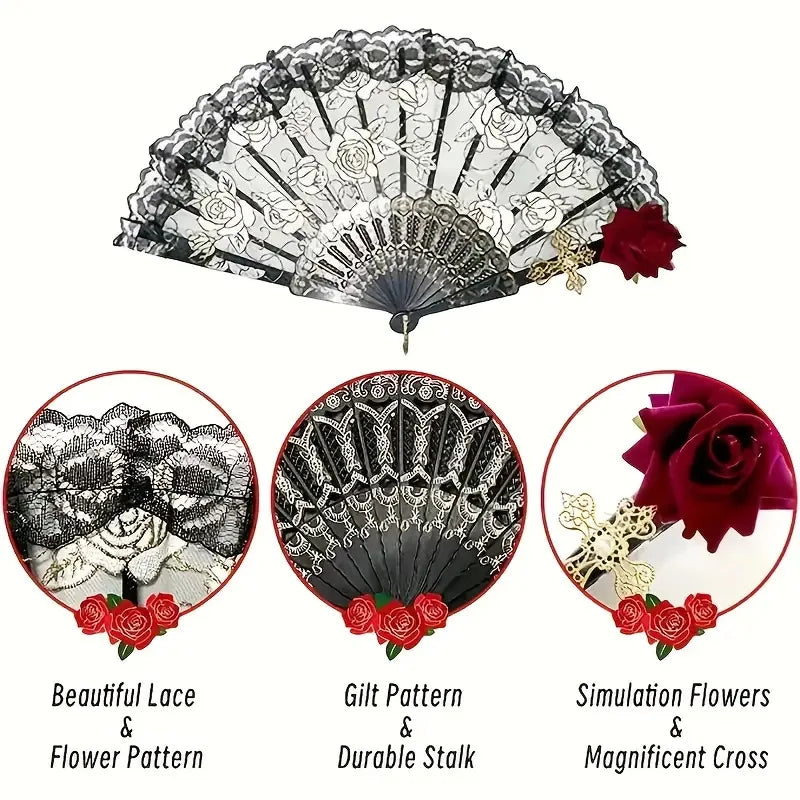 Vintage Spanish Flamenco Rose Lace Folding Fan - Elegant Handheld Fan for Weddings & Parties