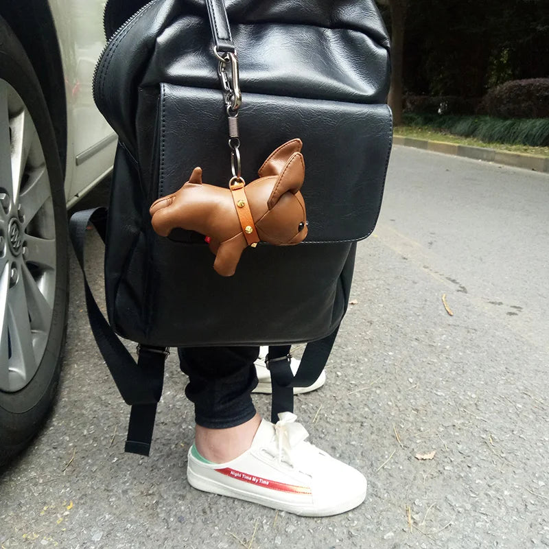 Punk French Bulldog PU Leather Dog Keychain — Fashion Bag Charm for Women Car Key Ring
