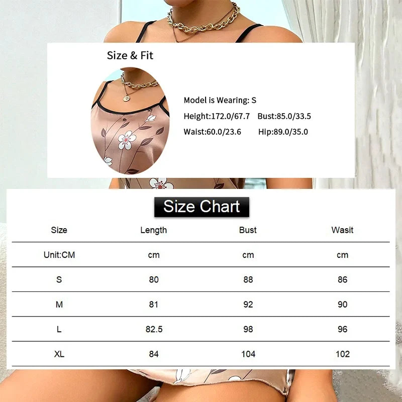 Women’s Satin Floral Sleepdress - Spaghetti Strap Slip Nightgown Comfortable Luxury Sleepwear Dress