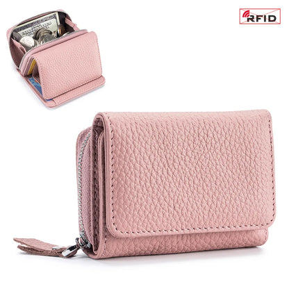 Genuine Leather Women’s Wallet — Small Zipper Coin Purse, Short Cowhide RFID Card & Money Holder, Perfect Gift for Women