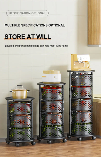 5 Layer Stainless Steel Rotating Shelf - Kitchen & Bathroom Storage Baskets, Fruit & Vegetable Rack with Wheels