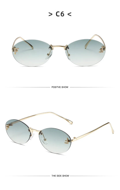 Diamond Letter "F" Rimless Sunglasses | Women’s Luxury Metal Frame Black Oval UV400 Shades
