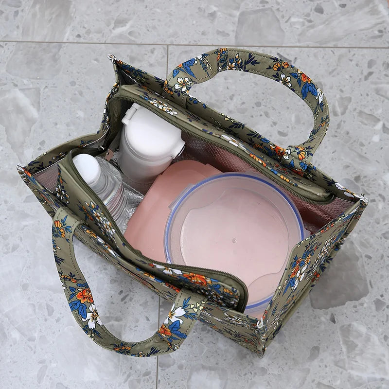 New Nylon Printing Handbag – Thickened Large Capacity Work and Portable Zipper Lunch Box Storage Bento Bag