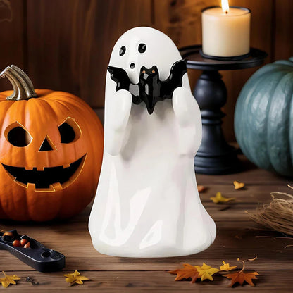 8.5cm White Cute Ghost Figurine — Halloween Desk & Shelf Decor with Black Bat, Kawaii Heart Ghost Mini Statue