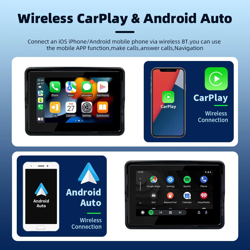 EKIY 5" Portable Motorcycle GPS Navigation Display – Digital Dashboard with Wireless CarPlay & Android Auto