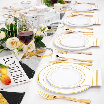 700PCS Gold Plastic Dinnerware Set – White & Gold Plates with 100 Napkins, Serves 100 Guests, Disposable Wedding Party Set