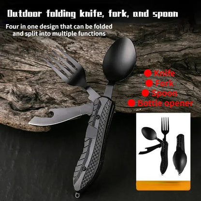 Portable Stainless Steel Camping Cutlery Set – Foldable Spoon, Fork, Knife & Bottle Opener Multitool
