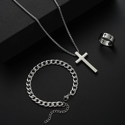 3-Piece Stainless Steel Jewelry Set – Men’s & Women’s Retro Bracelet, Necklace, Ring for Punk Hip Hop Fashion