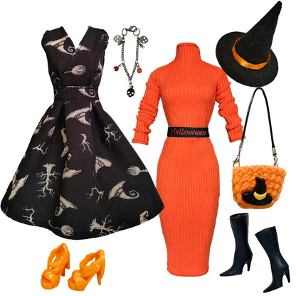 1/6 Doll Halloween Cosplay Outfit – Witch Dress, Cap, Belt, Bag & Broom for 12" BJD / 30cm Dolls