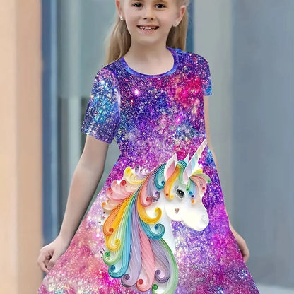 Girls Starry Unicorn Dress – Digital Print, Round Neck, Short Sleeve Casual Party Dress
