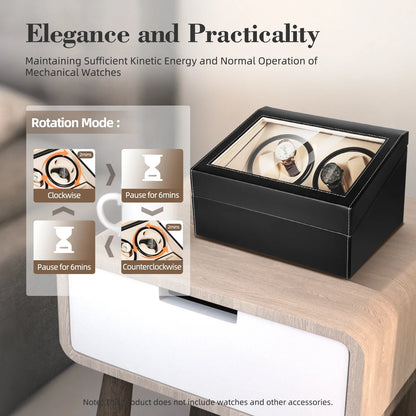 4+6 Slot Automatic Watch Winder – Leather & Wood Luxury Display Case with Pillow, Black/Brown