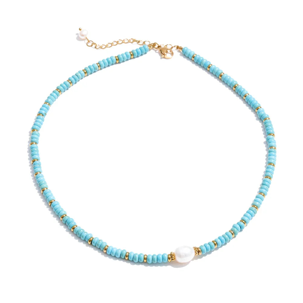 Yhpup Colorful Natural Stone Bead Necklace – Handmade Y2K Stainless Steel Waterproof Chain Jewelry for Women