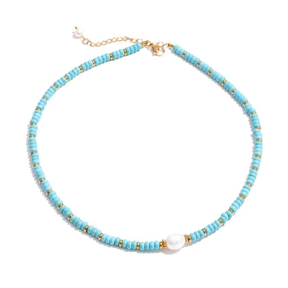 Yhpup Colorful Natural Stone Bead Necklace – Handmade Y2K Stainless Steel Waterproof Chain Jewelry for Women