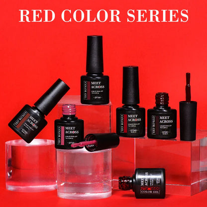 MEET ACROSS 7ml Red Gel Nail Polish – Crystal Semi-Permanent Soak-Off UV Gel, Matte Top Coat and Base Varnish for Nail Art Manicure